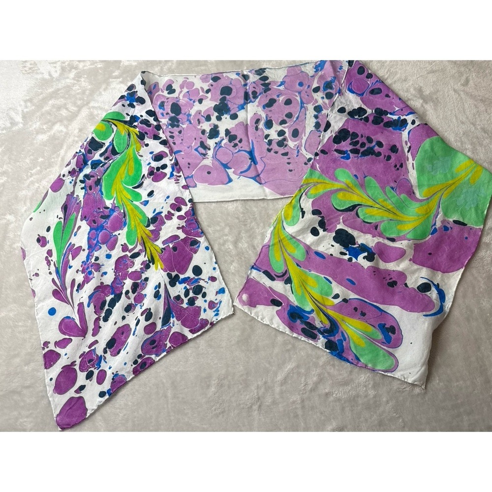 Hand Rolled Silk Scarf Colorful Abstract Design Perfect Condition 11" x 57"
